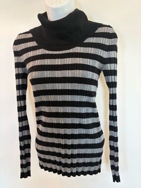 Small Women’s Carolyn Taylor Black Gray Horizontal Stripe Turtle Neck Sweater